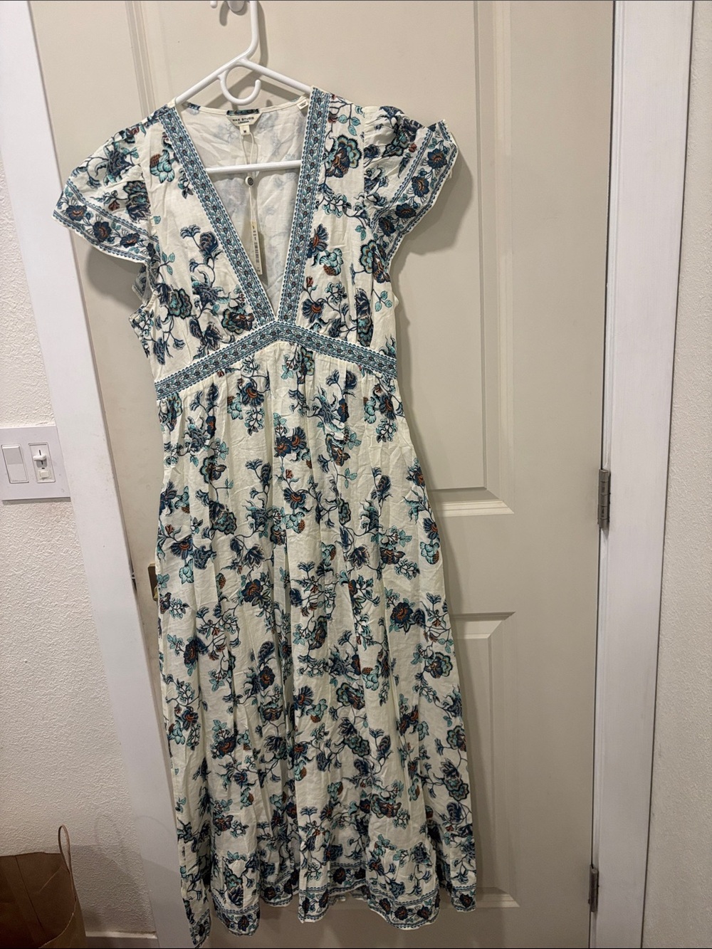 Max Studio Cream Maxi Dress with Teal and Navy Floral Print